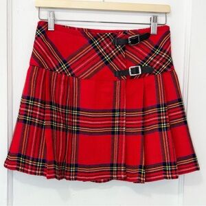 Women’s Red Tartan Plaid Pleated Wrap Mini Kilt Skirt, EU Size 28